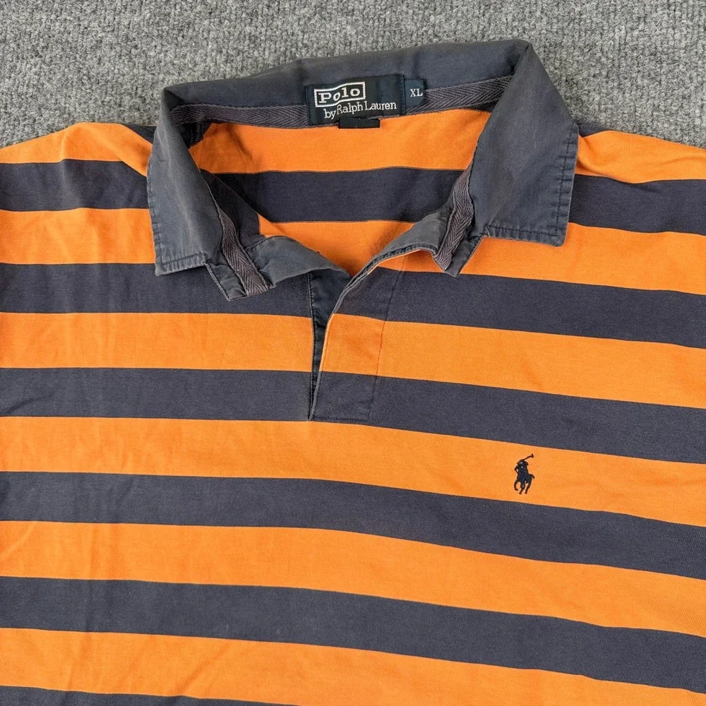 Vintage Polo Ralph Lauren Rugby Shirt Mens XL Orange Blue Striped Short Sleeve